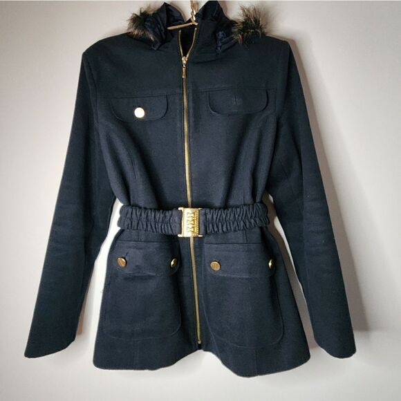 Miss Eslina Hooded Coat Women Size 44 Blue Faux Fur Cashmire blend Turkey Made